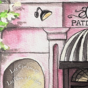 May include: A watercolor painting of a pink building with a striped awning. The building has a sign that says "Patisserie" and a window with the words "Les Croissants" and "Les Choux a la Creme" written on it.