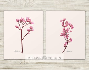 Pink Buds Watercolor Giclée Print Set, Botanical Wall Art