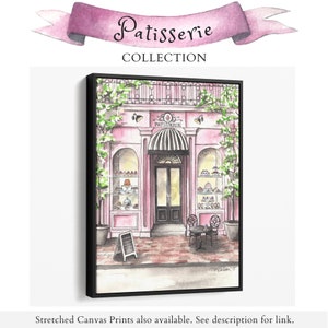 May include: A watercolor painting of a pink storefront with a sign that reads "Patisserie". The storefront has a black door and windows filled with pastries. There are two tables and chairs outside the store.
