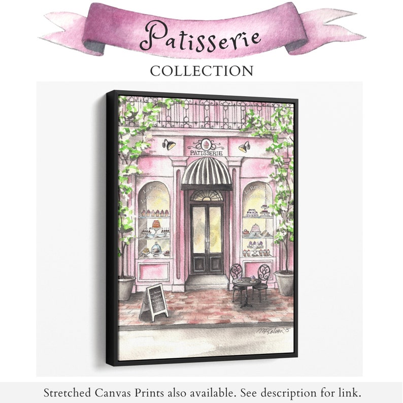 May include: A watercolor painting of a pink storefront with a sign that reads "Patisserie". The storefront has a black door and windows filled with pastries. There are two tables and chairs outside the store.