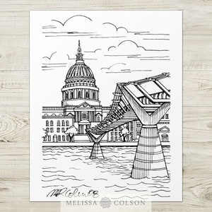 May include: Black and white line drawing of St. Paul's Cathedral and the Millennium Bridge in London, England. The drawing is signed "Melissa Colson".