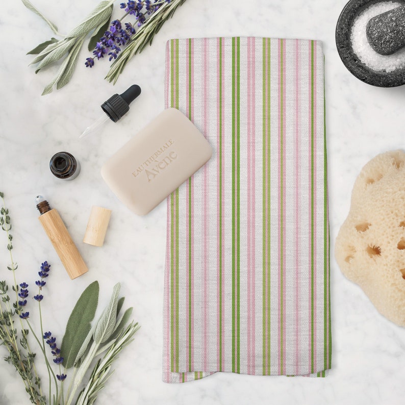 Stripe-Pink-Green-Tea Towel-Guest Towel-Powder Bath-Towel-Tea Towel Set-Kitchen Towel-Kid-Bath-Kids-Baby-Gift-Coordinate-Compliment-Accent