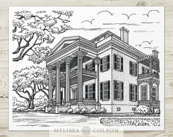 Stanton Hall, Giclée Pen and Ink Print, Architectural, 8x10, 11x14, 16x20, Historic Homes, House Drawing, Civil War, Home Decor, Antebellum