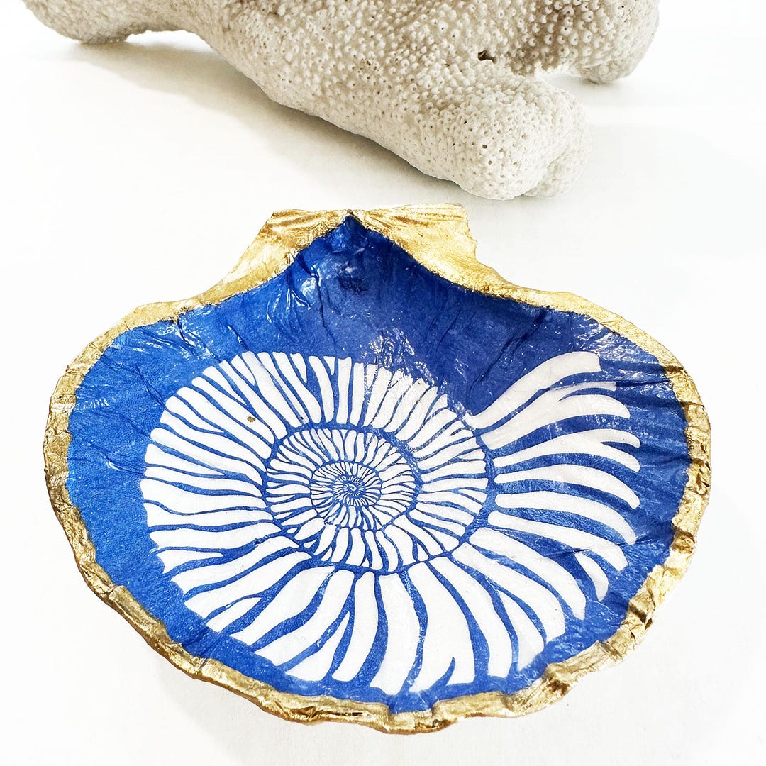 Blue Nautilus Decoupage Shell Trinket Dish, Beach Wedding Favor, Gold ...