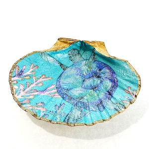 Sea Turtle Scallop Shell Decoupage Trinket Dish, Shell Jewelry Tray, Beach Wedding Favor, Gold Jewelry Ring Holder, Coastal Decor Gift