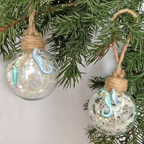 Beach Seashell Glitter Glass Christmas Ornament, Seashell Globe Glitter Ornament, Glitter Ornaments, Coastal Ornaments, Seashell Decor