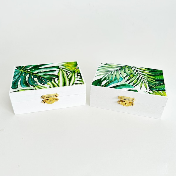 Tropical Beach Decoupage Jewelry Ring Box, Palm Leaves Decoupage Wood Jewelry Box, Beach Wood Box, Tropical Keepsake Box