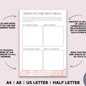 May include: A printable worksheet with a pink watercolor background. The worksheet is titled "When I'm Stressed I Need..." and has four sections for writing down stress signs and what you need. The worksheet is designed to help open up lines of communication in relationships.