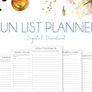 May include: A printable digital download of a fun list planner with a blue and white geometric design. The list titles include "Words to Describe Me", "Massive Lifetime", "Member as a Child", "A Rainy Day", "'Sliding Doors'", "Smell", and "My Life".