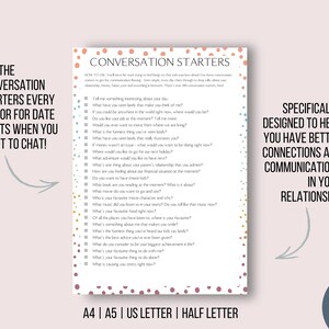 May include: A printable conversation starter card with a pink, blue, and yellow polka dot background. The card features a list of questions designed to help couples have better connections and communications in their relationship. The text on the card reads "Conversation Starters" and "Specifically designed to help you have better connections and communications in your relationship."