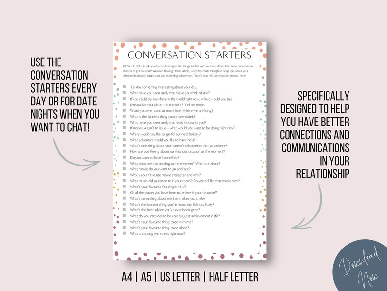 May include: A printable conversation starter card with a pink, blue, and yellow polka dot background. The card features a list of questions designed to help couples have better connections and communications in their relationship. The text on the card reads "Conversation Starters" and "Specifically designed to help you have better connections and communications in your relationship."