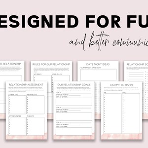 May include: A set of printable worksheets designed for couples to help them communicate better and have fun together. The worksheets include prompts for discussing future relationship goals, setting relationship rules, brainstorming date night ideas, and creating a relationship soundtrack.