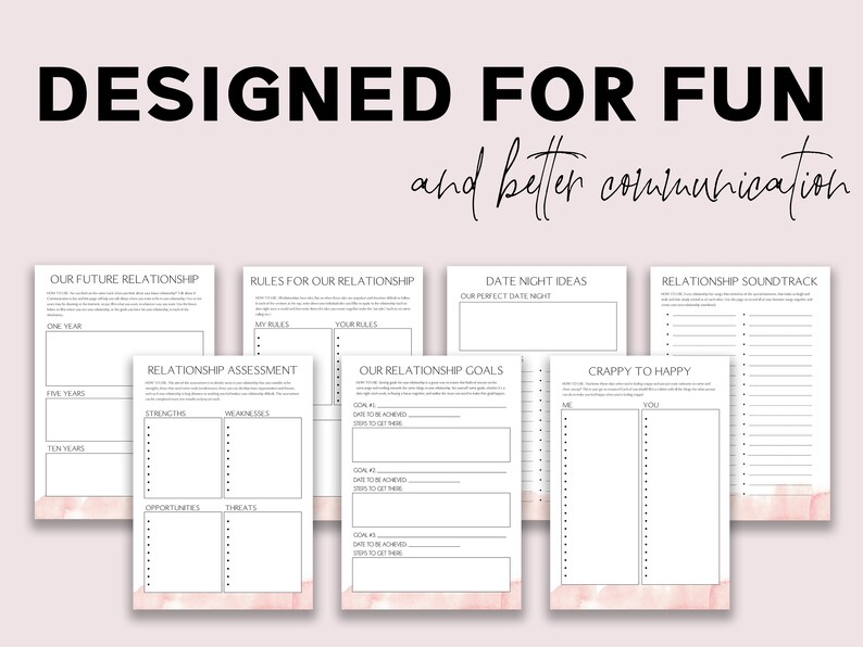 May include: A set of printable worksheets designed for couples to help them communicate better and have fun together. The worksheets include prompts for discussing future relationship goals, setting relationship rules, brainstorming date night ideas, and creating a relationship soundtrack.