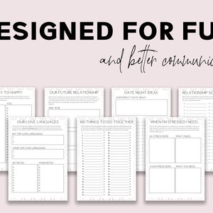 May include: A set of printable worksheets designed for couples to improve communication and have fun. The worksheets include prompts for couples to discuss their love languages, date night ideas, and how to deal with stress.