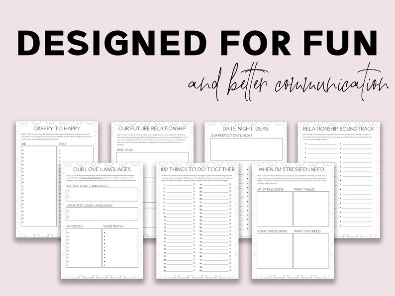 May include: A set of printable worksheets designed for couples to improve communication and have fun. The worksheets include prompts for couples to discuss their love languages, date night ideas, and how to deal with stress.