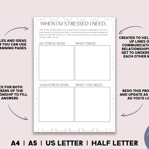 May include: A printable worksheet with a gray background and white text. The worksheet is titled "When I'm Stressed I Need..." and has four sections: "My Stress Signs", "What I Need...", "Your Stress Signs", and "What You Need..." The worksheet is designed to help couples communicate better when they are stressed.