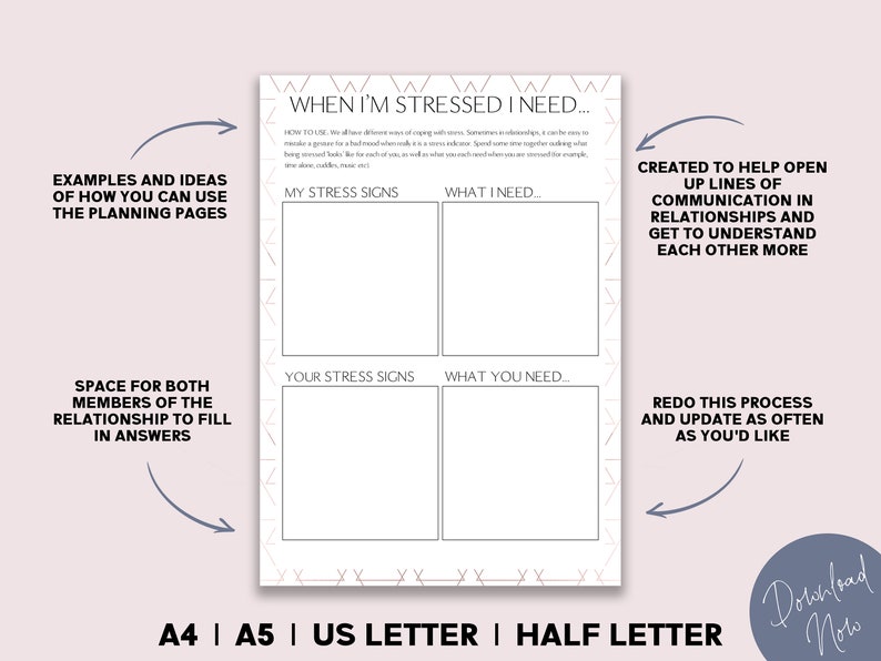 May include: A printable worksheet with a gray background and white text. The worksheet is titled "When I'm Stressed I Need..." and has four sections: "My Stress Signs", "What I Need...", "Your Stress Signs", and "What You Need..." The worksheet is designed to help couples communicate better when they are stressed.