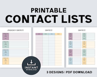 Printable Contact List | Important Phone Numbers Printable | Contact List PDF | Printable Planner Inserts Contact List