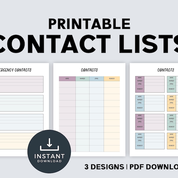 Printable Contact List | Important Phone Numbers Printable | Contact List PDF | Printable Planner Inserts Contact List