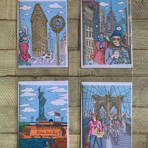 Lot de 4 cartes de voeux artistiques originales de New York City 5 x 7, Flat Iron Building, Empire State Building, Statue de la liberté, pont de Brooklyn