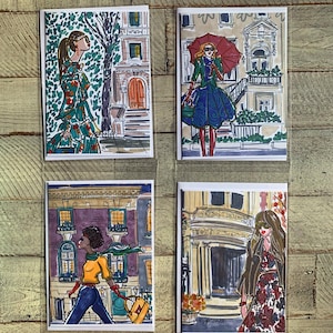 Lot de 4, New York City Fashion Girls, 5 x 7 cartes de voeux originales, mettant en valeur l'architecture de New York, subtils accents scintillants