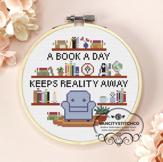 Cross Stitch Pattern, a book a day keeps reality away, funny cross stitch,  book cross stitch, DIY christmas gift, adult cross stitch