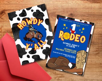 Cowboy First Rodeo Birthday Editable Invitation Template, Digital File, 5x7, Canva Pro Template