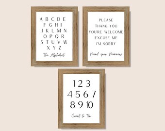 Set of 3 Minimalist Educational Prints, Black and White, Digital File