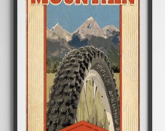 Vintage Bicycle "The Mountain is Calling" Art Print Wall Poster  - Giclee, Wrapped Canvas, Acrylic, or Metal