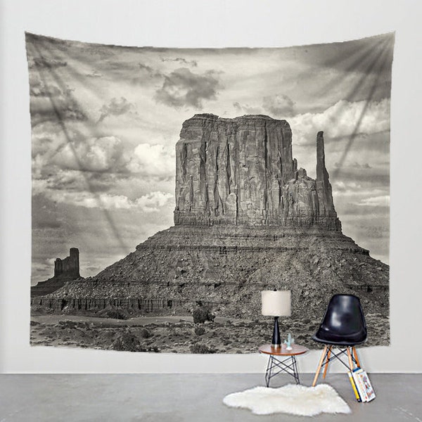 Black and White Tapestry Monument Valley Fabric Art Print Wall Hanging - Southwest, Utah, Arizona, Desert, Landscape