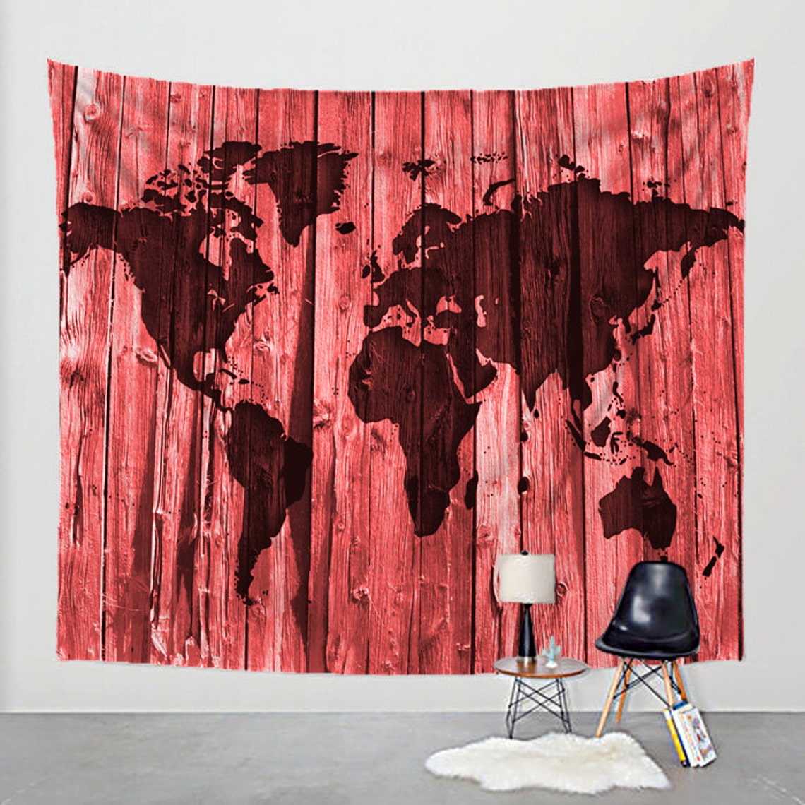 World Map Tapestry Barn Wood on Fabric Art Print Wall Hanging Etsy