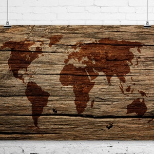Rustic World Map on Barn Wood  Art Print Wall Poster - Sepia  - Giclee, Wrapped Canvas, Acrylic, or Metal