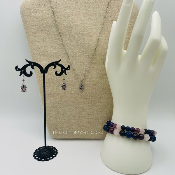 HAMSA Jewelry | Crystal Elastic Stretchy Bracelet, Silver Stainless Steel Necklace & Earrings - Choose 1, 2 or all 3!