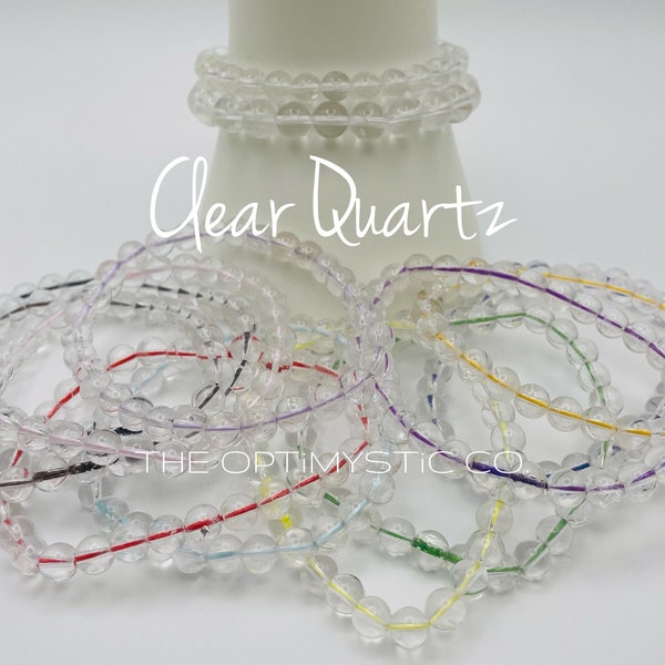 Customizable CLEAR QUARTZ Crystal Elastic Stretchy Bracelet, 6MM or 8MM, Choose Length, Custom Elastic Color | The OptiMystic Co.
