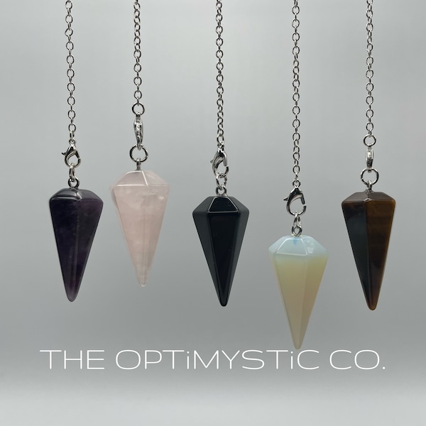 Crystal Pendulum Necklace for Divination, Dowsing, Reiki Healing, Jewelry | Choose from Tigers Eye, Amethyst, Rose Quartz, Obsidian, Opalite