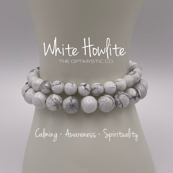 Customizable WHITE HOWLITE Crystal Elastic Stretchy Bracelet, 6MM or 8MM, Custom Length