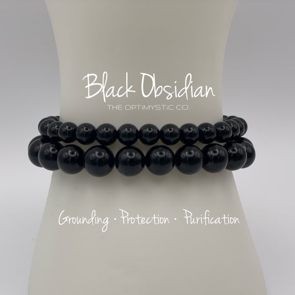 Customizable Black Obsidian Crystal Elastic Stretchy Bracelet, 6MM or 8MM, Custom Length