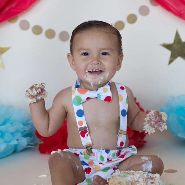 Rainbow first birthday outfit, confetti birthday, boys cake smash outfit, diaper cover and tie, circus birthday outfit, first birthday party