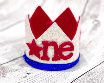 Boys one crown, star one crown, 4th of July 1st birthday hat, 1st birthday crown, star and glitter birthday crown—red, white and blue