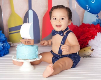 Nautical cake smash outfit, boys nautical 1st birthday outfit, anchor birthday outfit, bow tie and suspenders, boys diaper cover