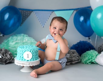 Boy smash cake outfit, vintage 1st birthday outfit, blue 1st birthday outfit, diaper cover set, bow tie and suspenders