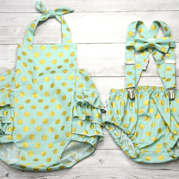 Twins cake smash outfits, Twin 1st birthday outfits, mint 1st birthday outfit, girls mint romper, boy girl twin 1st birthday outfit