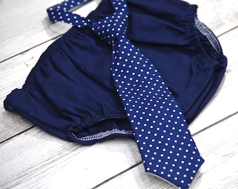 Birthday boy cake smash outfit, boy 1st birthday outfit, boy party outfit, diaper cover and tie, baby navy dot necktie, navy birthday outfit