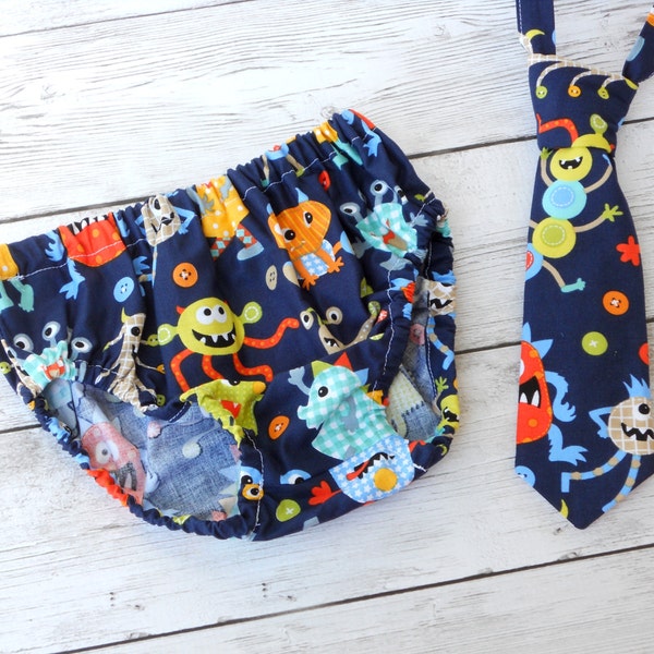 Monster 1st birthday outfit, baby boy bloomers, tie and diaper cover, monster boy birthday outfit, monster cake smash outfit, birthday set