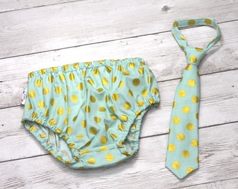 Boy mint 1st birthday, mint and gold birthday outfit, diaper cover and tie, boys mint and gold necktie, mint cake smash outfit boy