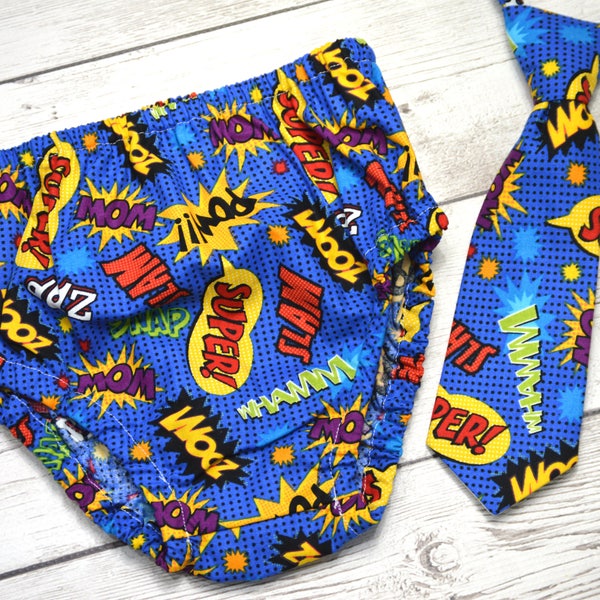 Super hero cake smash outfit, Super hero birthday party clothes, super hero tie, diaper cover and tie, baby super hero outfit, baby necktie