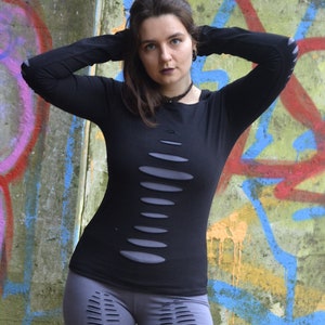 Hoodie Top Black Alternative Goth, Y2K Trendy Hoodie Cyberpunk Stylish Clothing, Goth Rave Hooded Cotton Stretch Top, Fairy Cut Out Grunge