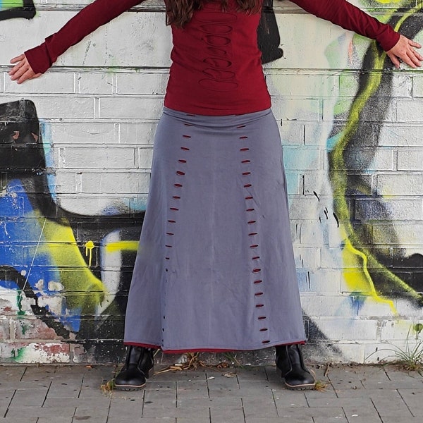 Elegant Alternative Full Length Cotton Split Skirt, Stretchy Steampunk Fairy Witchy Goth Clothes, Punk Rock Cyberpunk Clothing GRAY/MAROON