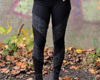 Leggings Festival Cyber Goth Witchy Women, Apocalyptic Burning Man Clothing, Cotton Asymmetrical Patches Pixie Elven Pants fit XS, S/M & M/L