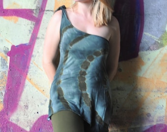 Mini Tie Dye Gray Green Elven Fairy Tunic, Off the Shoulder Festival Asymmetrical Short Fun Dress, Cyberpunk Steampunk Lolita Cool Clothing